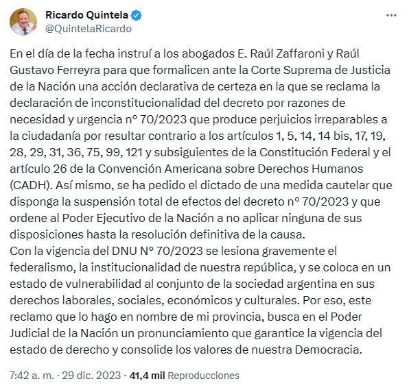 La Rioja: Tras decir que no acataría ningún fallo de la Corte, Quintela ...