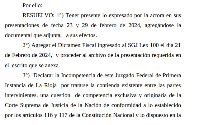 La Justicia Federal de La Rioja se declaró incompetente en la causa por ...