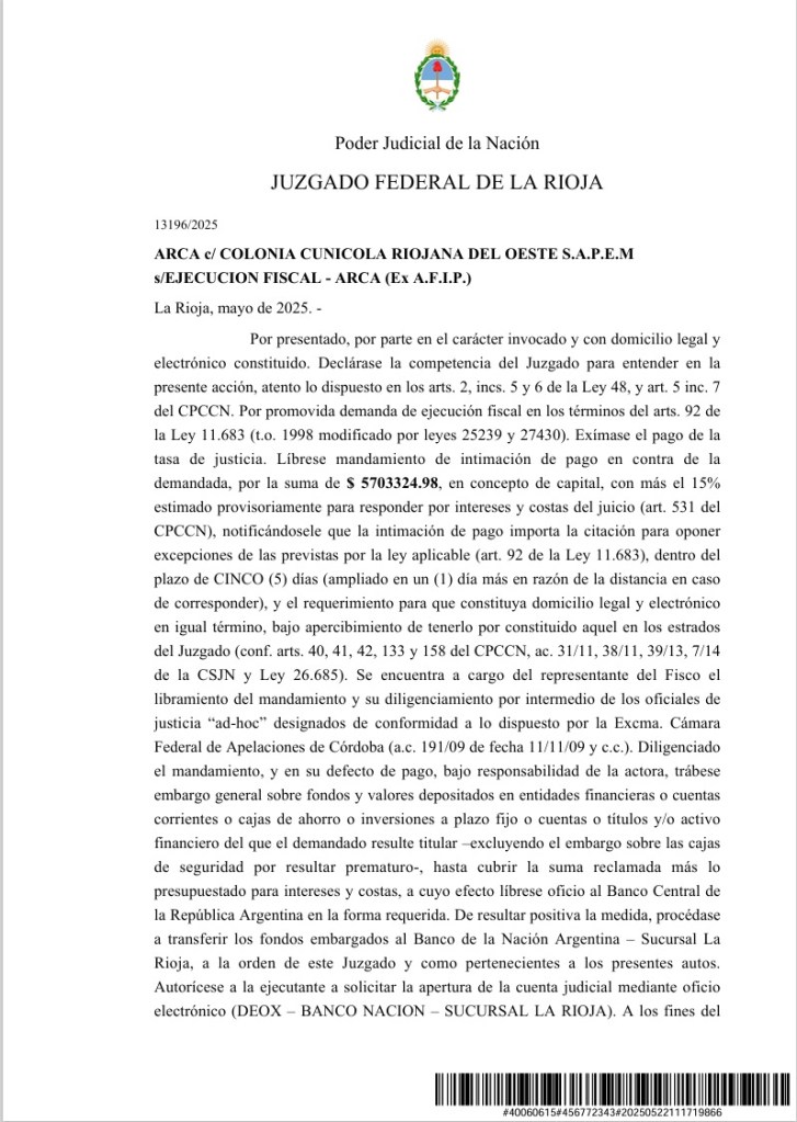 Juzgado Federal de La Rioja inicia ejecución fiscal millonaria contra ...