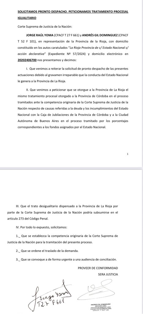 La Rioja urge a la Corte Suprema: Pide pronto despacho y trato ...