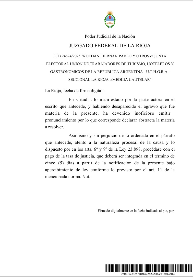 Desapareció el conflicto: la justicia federal de La Rioja declaró abstracta una medida cautelar de UTHGRA