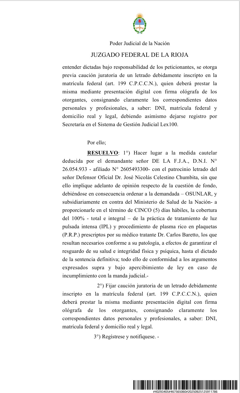 Orden judicial en La Rioja: la justicia federal falló a favor de un afiliado de OSUNLAR con una enfermedad poco frecuente