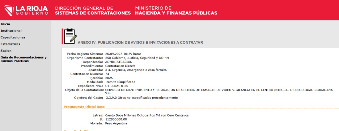 Contratación directa en La Rioja: el Gobierno destinará $112 millones para reparar cámaras de videovigilancia