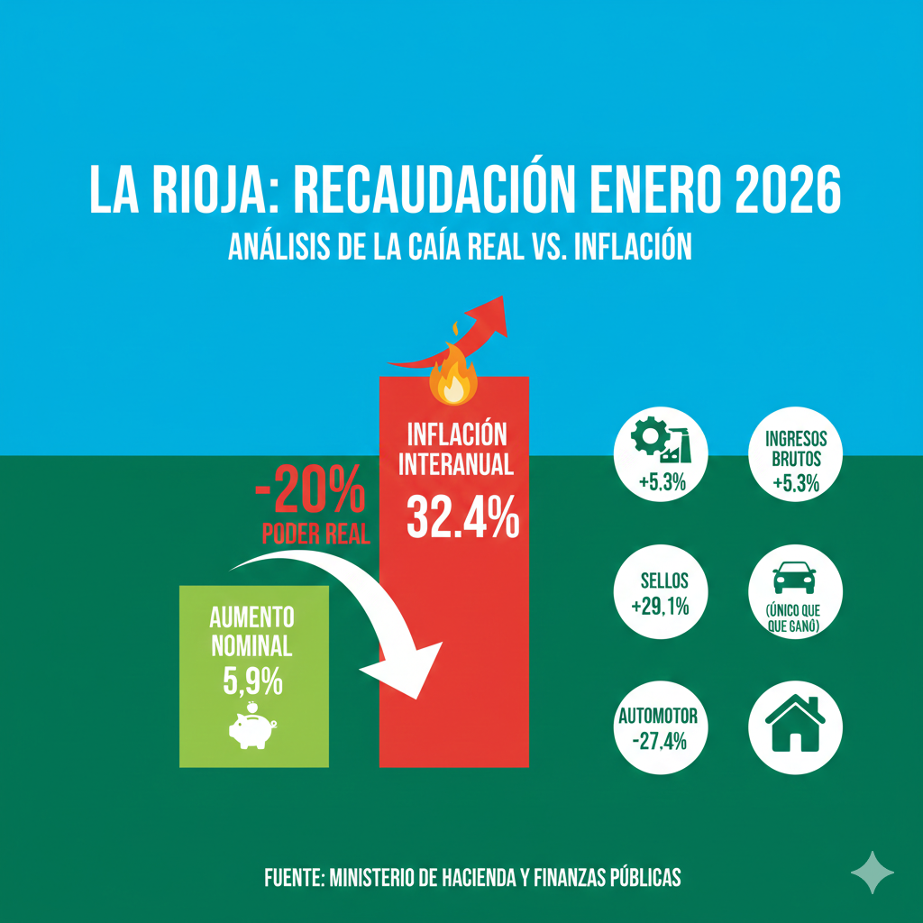 La recaudación de La Rioja creció un 5,9% nominal en enero, pero quedó casi 25 puntos por debajo de la inflación