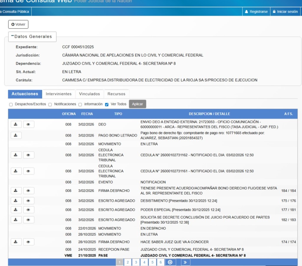 Captura de pantalla del sistema judicial en línea, mostrando detalles de un expediente en la Cámara Nacional de Apelaciones en lo Civil y Comercial Federal, incluyendo información sobre actuaciones, fechas y descripciones de documentos.