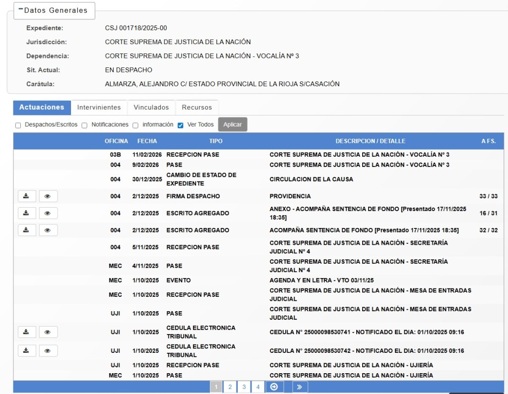 Pantalla de gestión de caso judicial con detalles de expediente en la Corte Suprema de Justicia de la Nación, incluyendo fechas, tipos de acciones y descripciones de documentos relacionados.