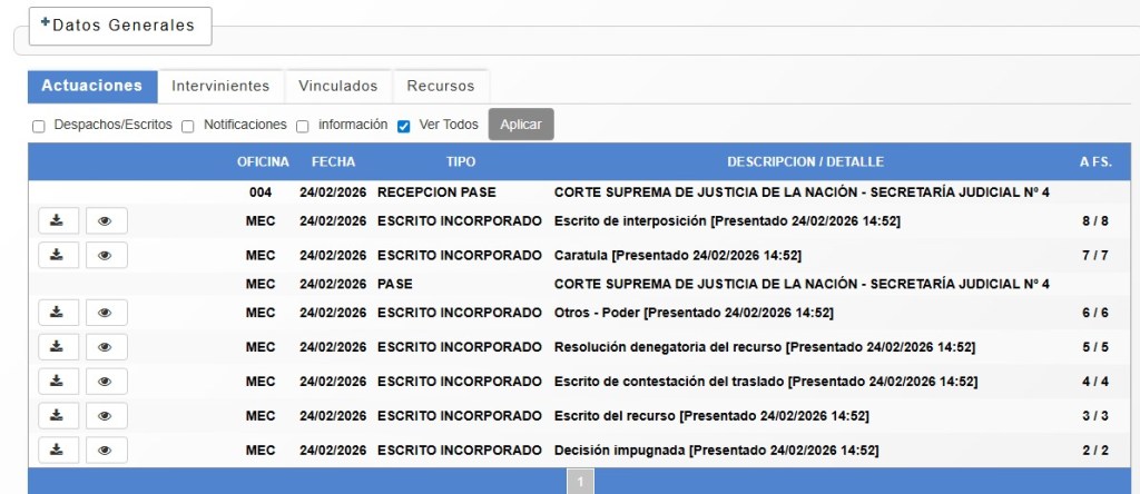 Tabla que muestra un registro de actuaciones judiciales, incluyendo oficinas, fechas, tipos y descripciones detalladas de los documentos presentados ante la Corte Suprema de Justicia de la Nación.