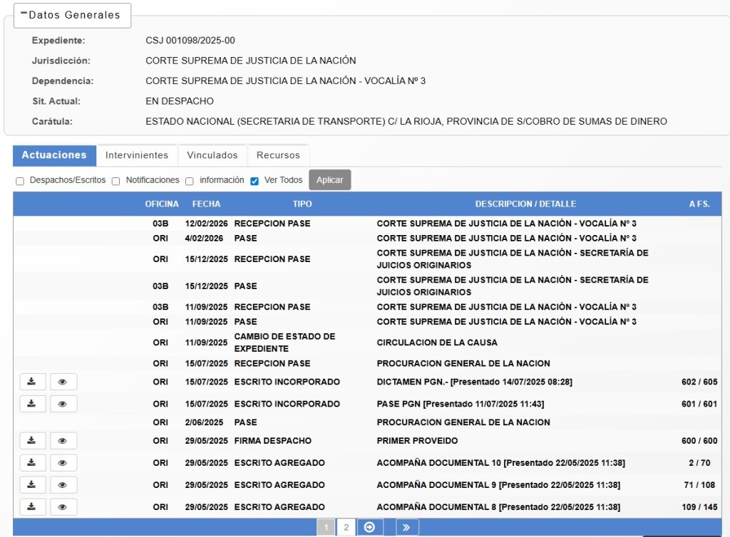 Pantalla de gestión judicial mostrando datos generales de un expediente en la Corte Suprema de Justicia de la Nación, incluyendo jurisdicción, dependencia y estado actual, así como un historial de actuaciones con fechas y tipos de documentos.