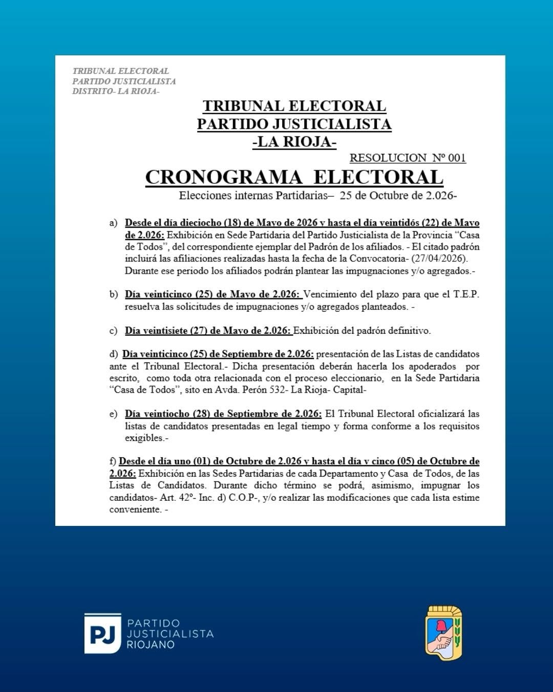 Primera página de la Resolución 001/2026 con el cronograma electoral interno del PJ de La Rioja