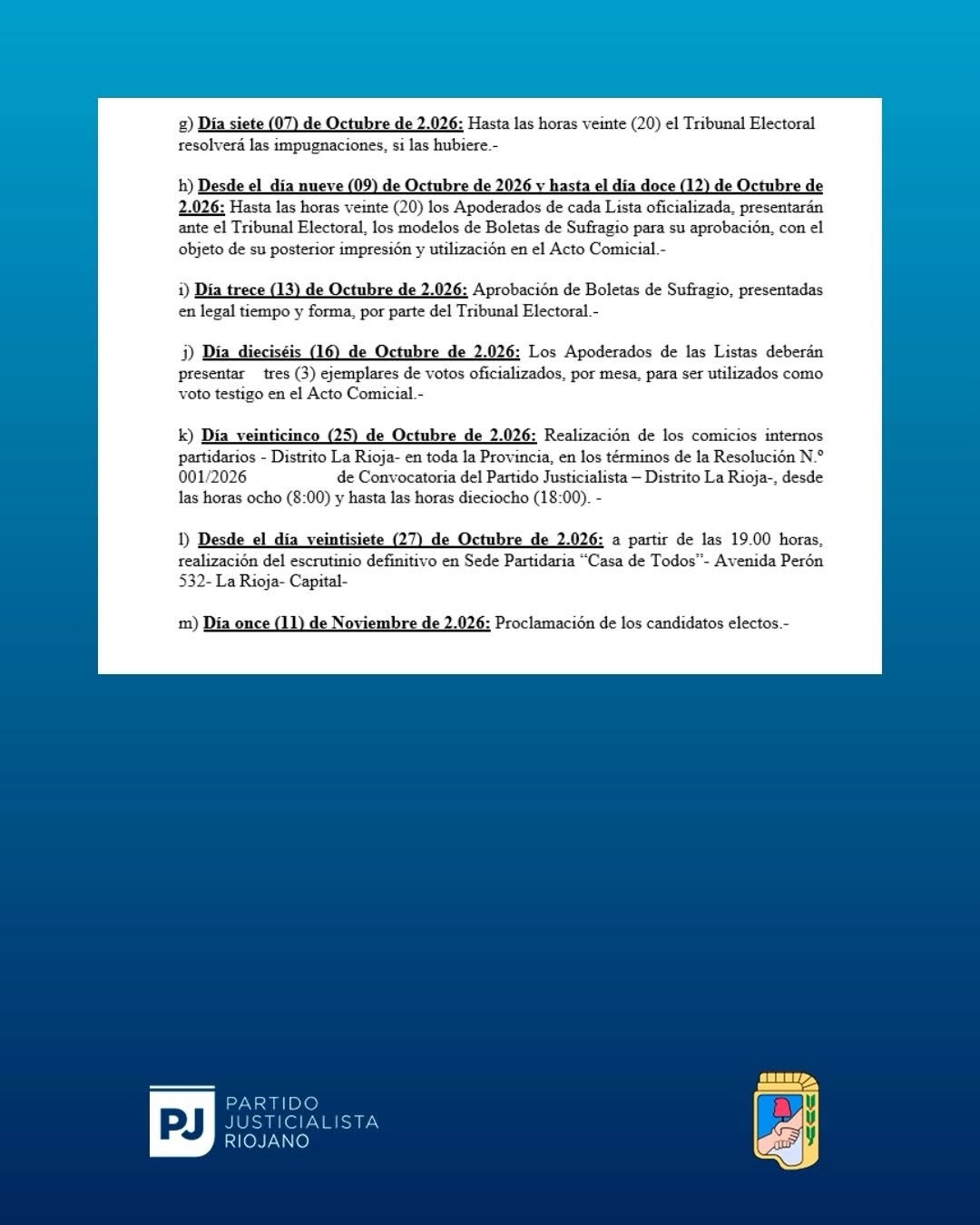 Segunda página de la Resolución 001/2026 con el cronograma electoral interno del PJ de La Rioja