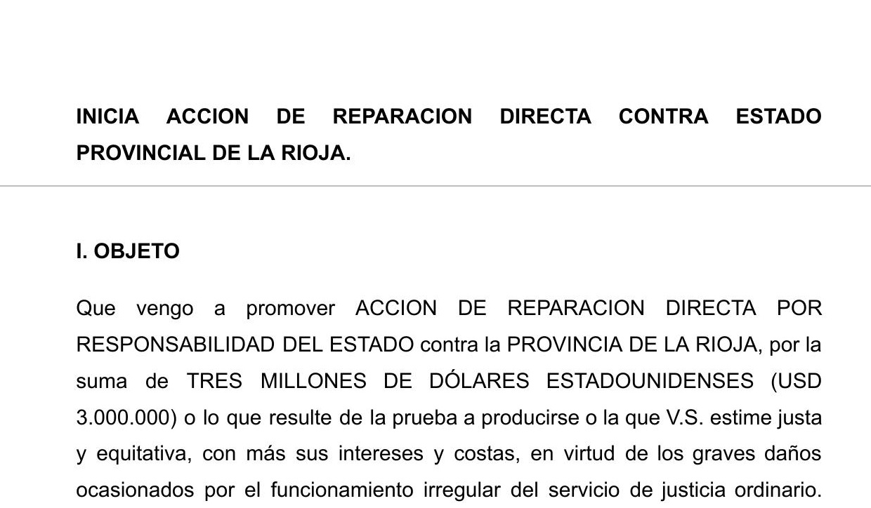 Extracto de la demanda que reclama tres millones de dólares a la Provincia de La Rioja