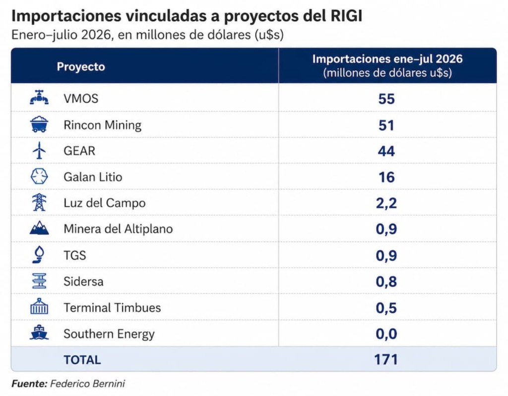Cuadro de importaciones vinculadas a proyectos del RIGI entre enero y julio de 2026