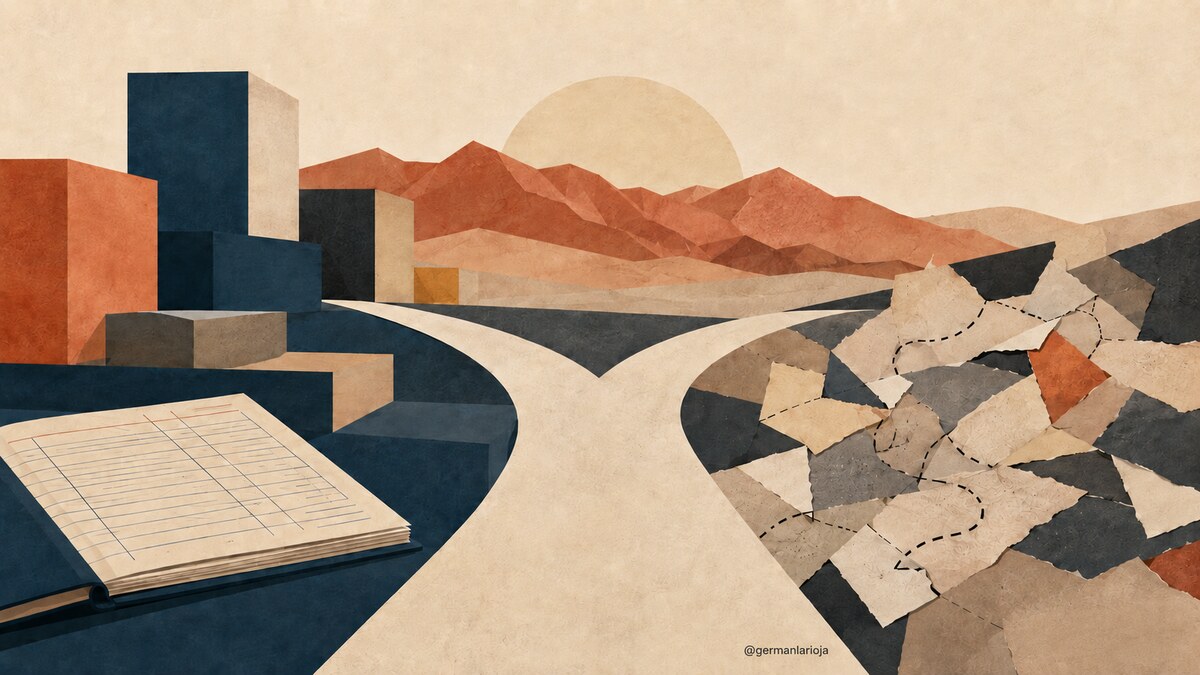 Ilustración conceptual con un camino dividido entre empleo formal e informal frente a montañas riojanas