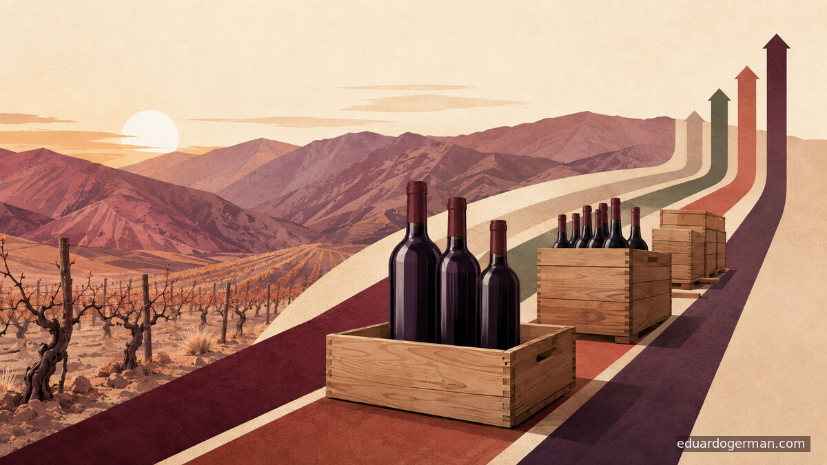 Ilustración editorial de viñedos riojanos, botellas y cajones que avanzan hacia flechas ascendentes