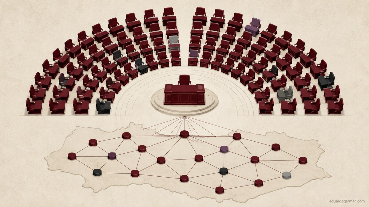 Ilustración conceptual de una legislatura y una red municipal dominadas por un mismo color institucional