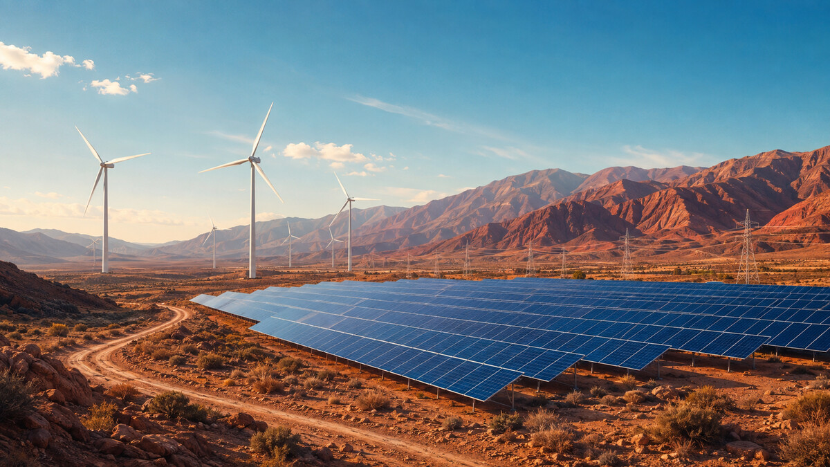 Parque solar y aerogeneradores en un paisaje montañoso y árido inspirado en La Rioja