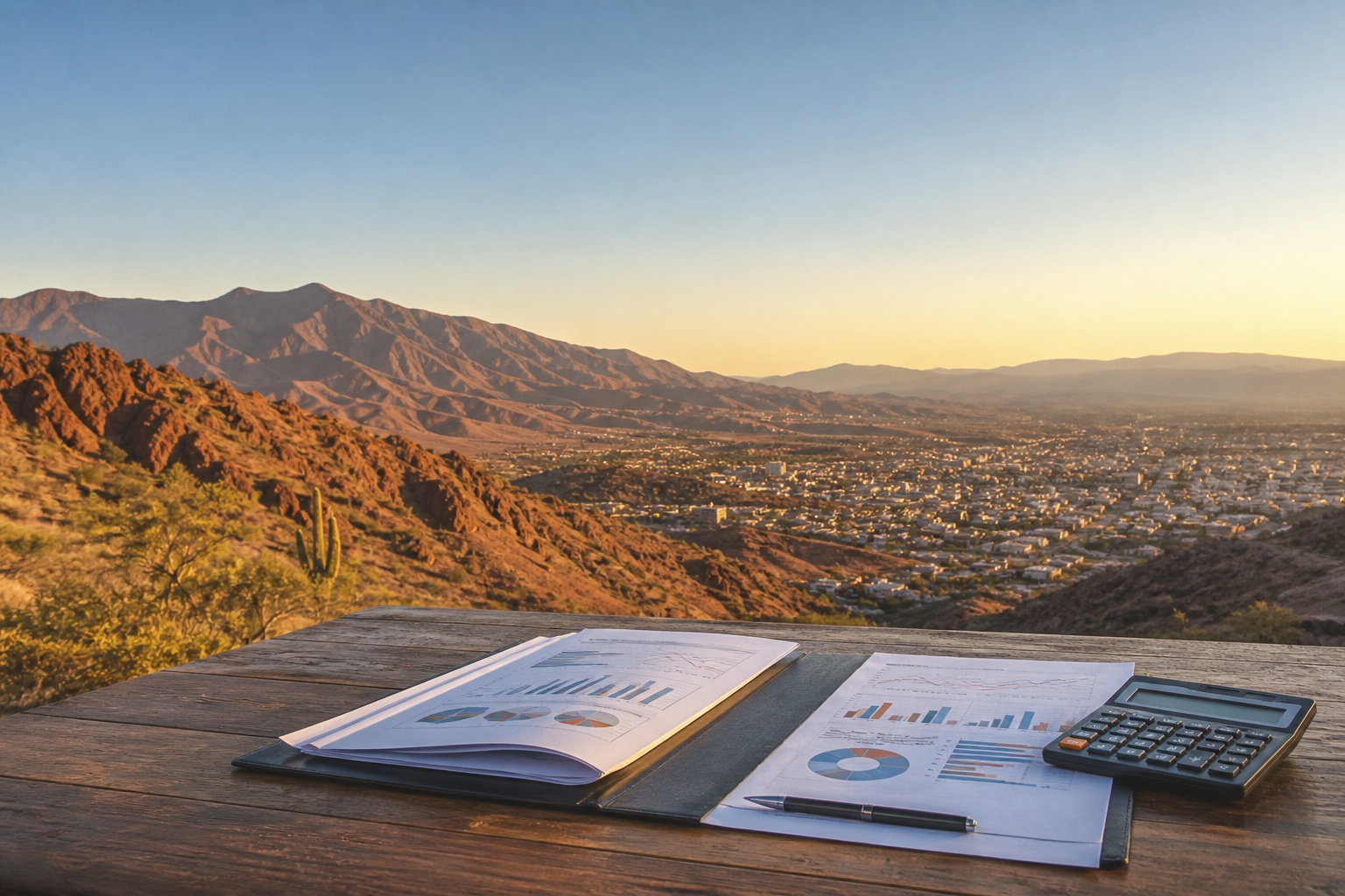 Paisaje de La Rioja con documentación y gráficos económicos en primer plano