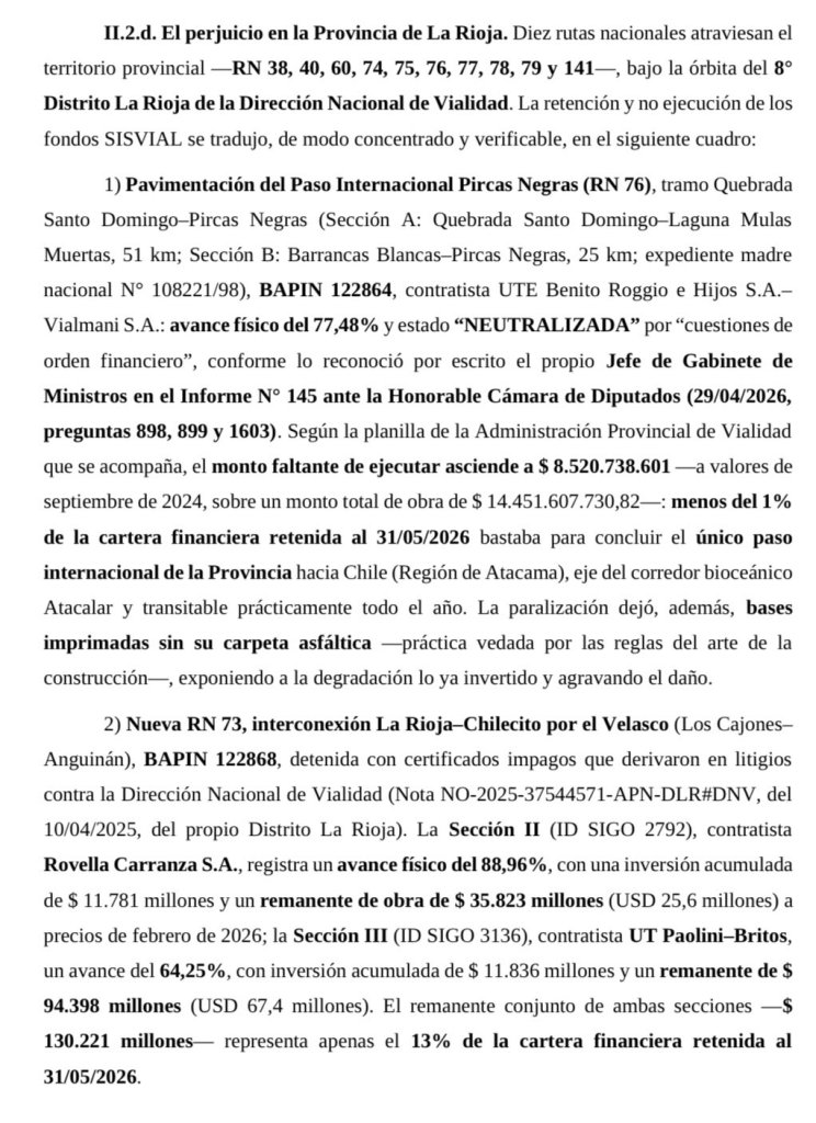 Extracto de la presentación judicial sobre el perjuicio vial en La Rioja y las obras de Pircas Negras y la Ruta Nacional 73