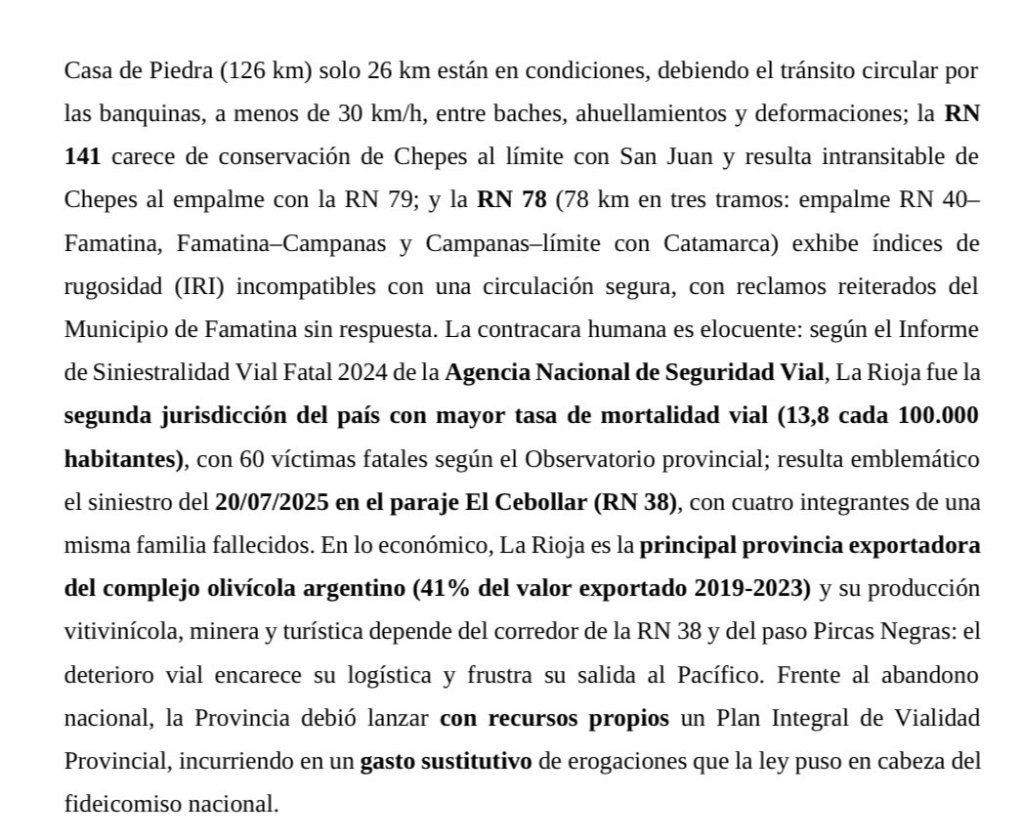 Extracto judicial sobre el estado de rutas nacionales, la siniestralidad y el impacto productivo en La Rioja