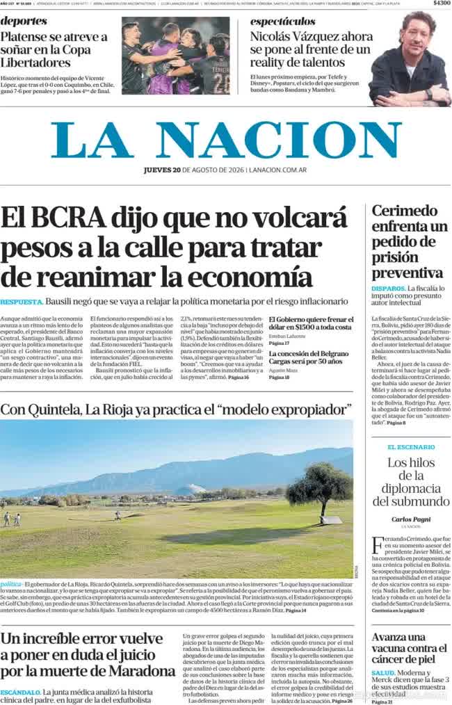 Portada de LA NACION del 20 de agosto de 2026 con una referencia a las expropiaciones en La Rioja