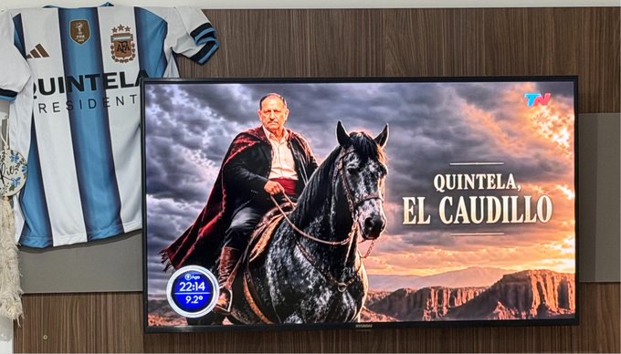 Pantalla de televisión con una placa de TN titulada Quintela, el caudillo