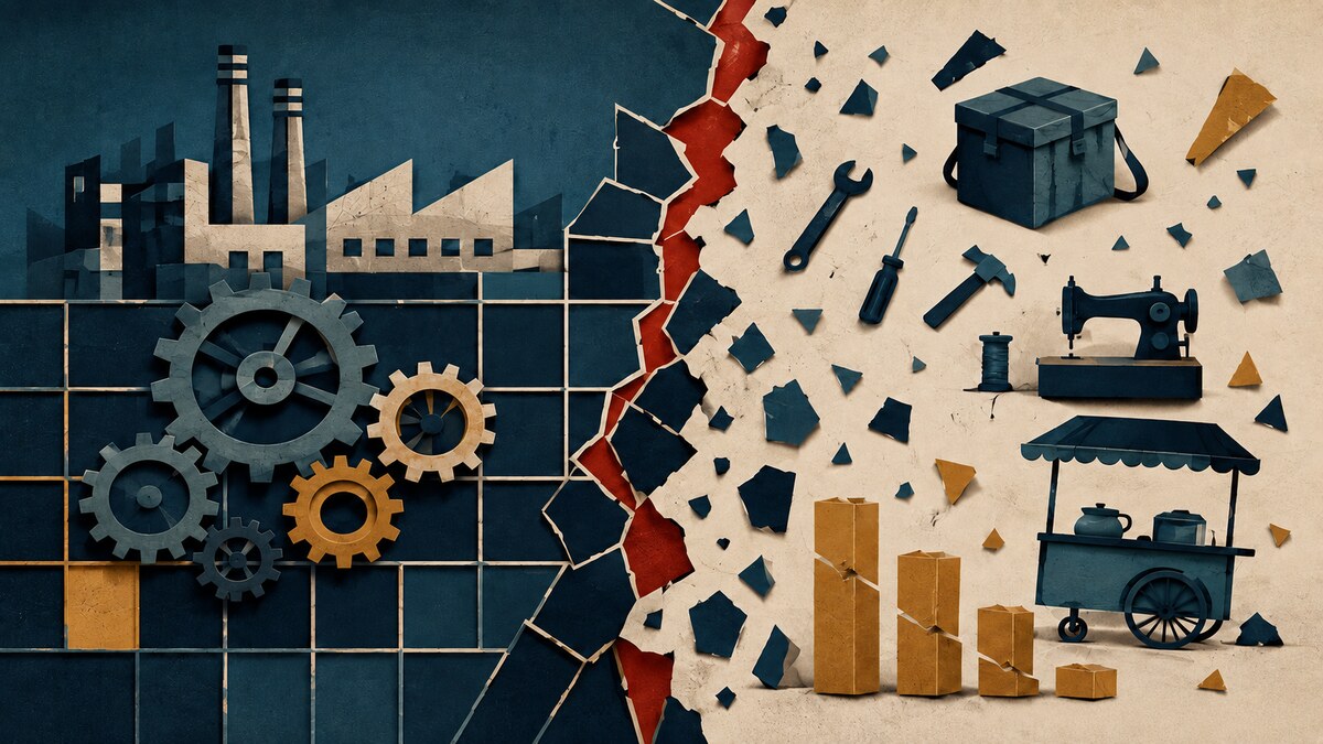 Ilustración editorial que contrasta empleo productivo formal con actividades microinformales y una estructura laboral fragmentada.