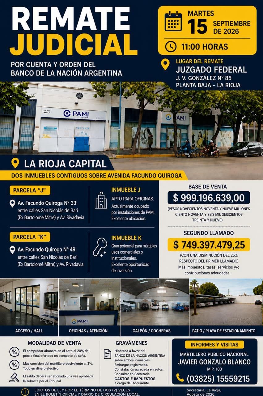 Infografía del remate judicial de dos inmuebles sobre avenida Facundo Quiroga 33 y 49, con bases de venta y condiciones