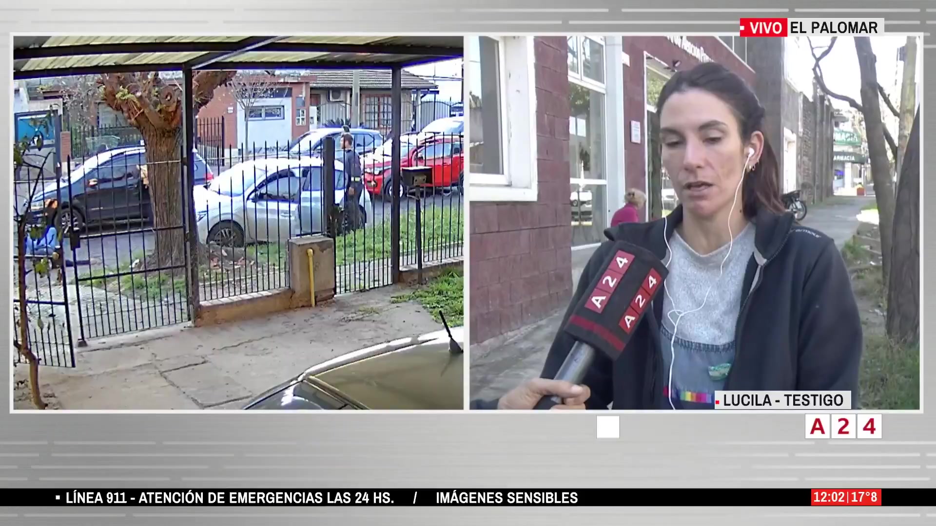 Una testigo entrevistada por A24 junto a imágenes de una calle de El Palomar.