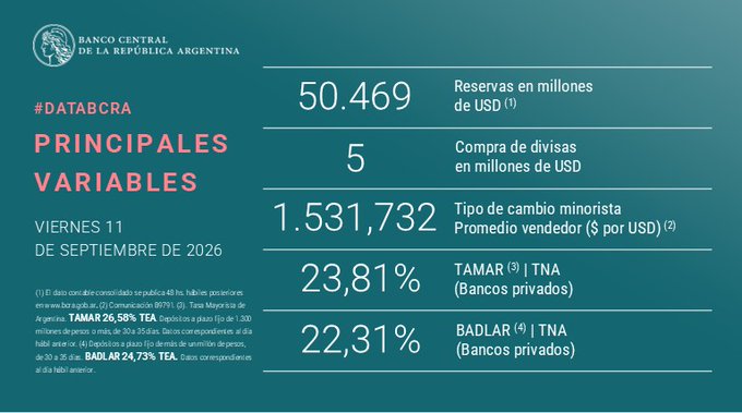 Placa oficial del BCRA: reservas de 50.469 millones de dólares y compras de divisas por 5 millones.